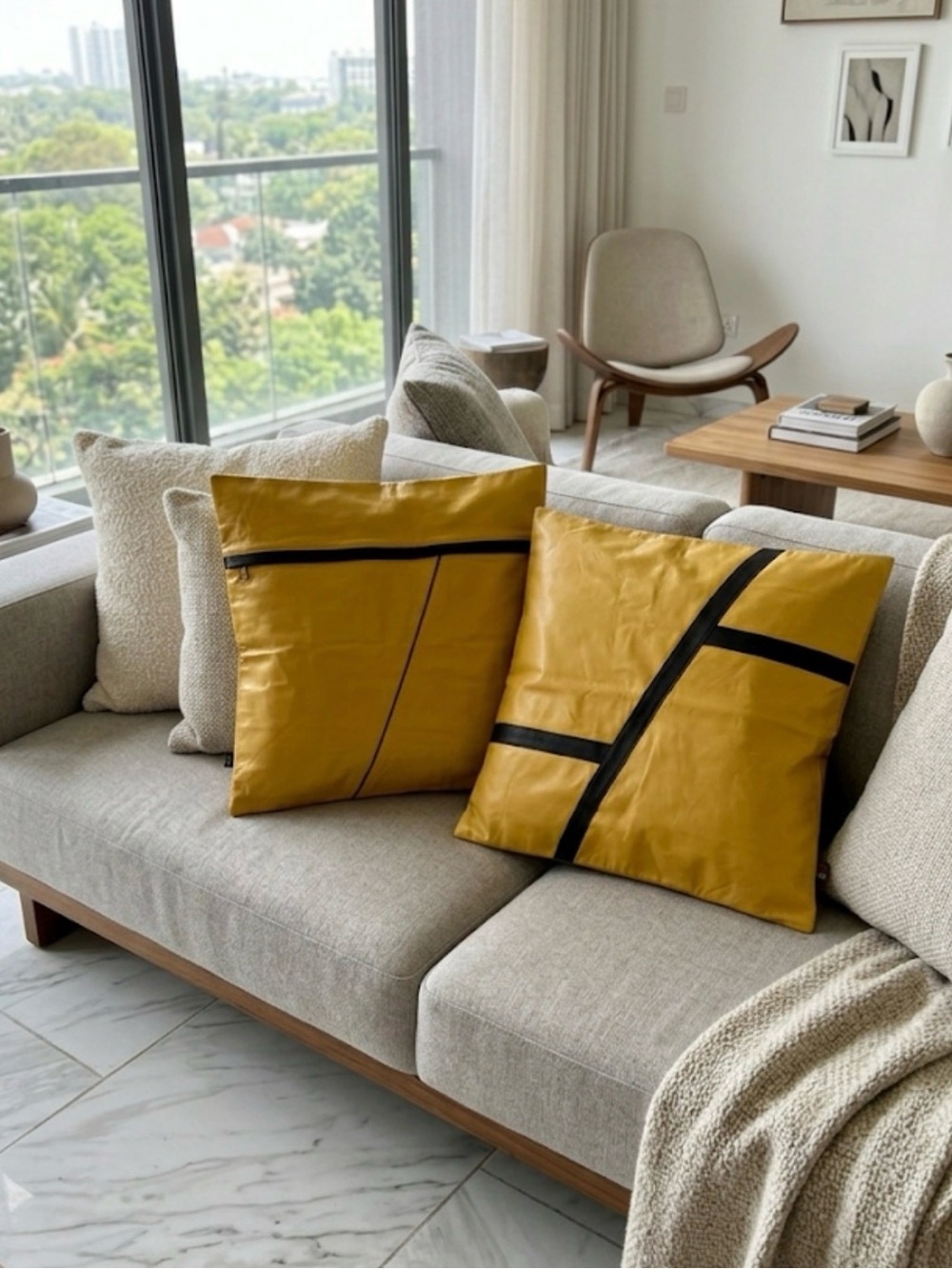 Pair Genuine Leather Pillow Covers Yellow Black Colorblock Geometric MCM 2pc Set